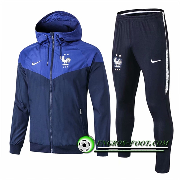 Engros-foot: Ensemble Survetement Veste Coupe Vent France 2 Etoiles Bleu/Noir 2018-2019 Thailande