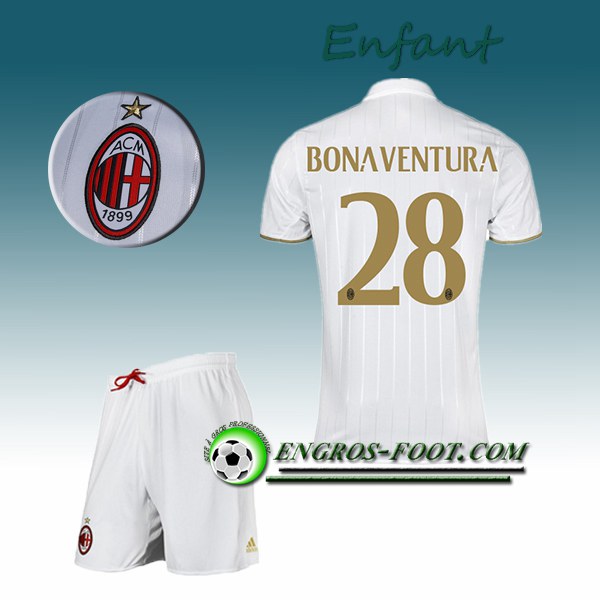 Engros-foot: Ensemble Maillot Foot Milan AC Enfant BONAVENTURA 28 Exterieur 2016 2017 Blanc Thailande