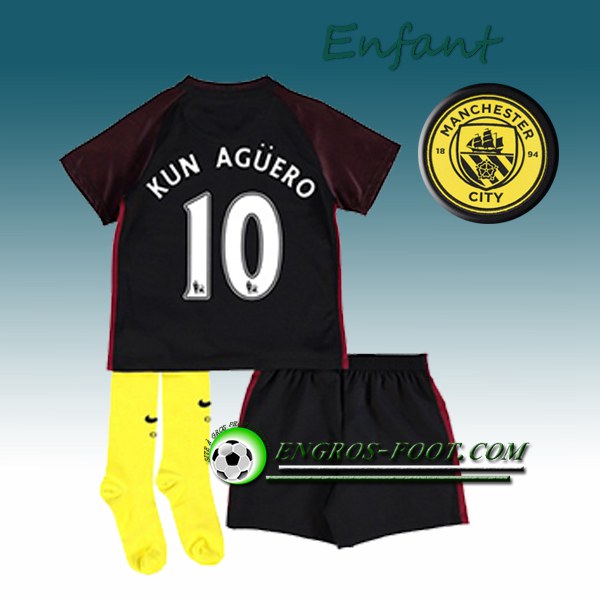 Engros-foot: Ensemble Maillot Foot Manchester City Enfant KUN AGUERO 10 Exterieur 2016 2017 Noir Thailande