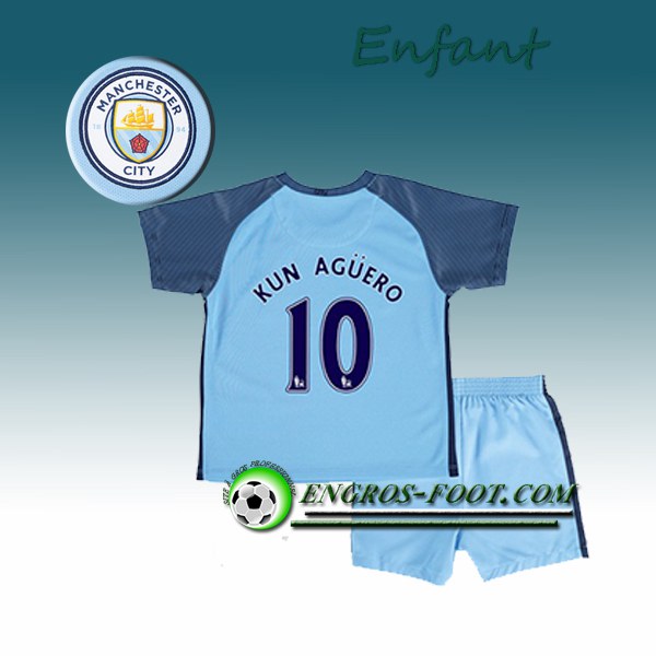 Engros-foot: Ensemble Maillot Foot Manchester City Enfant KUN AGUERO 10 Domicile 2016 2017 Bleu Ciel Thailande