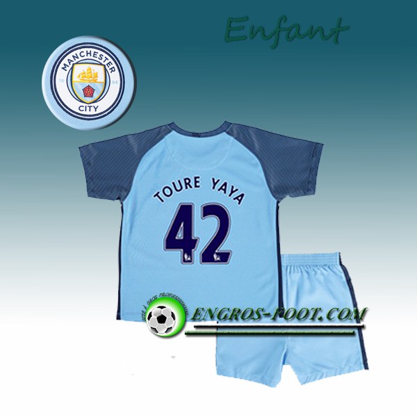 Engros-foot: Ensemble Maillot Foot Manchester City Enfant TOURE YAYA 42 Domicile 2016 2017 Bleu Ciel Thailande