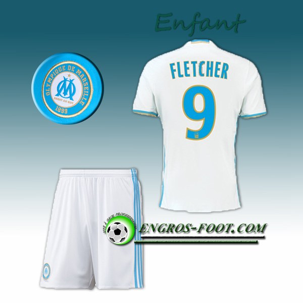 Engros-foot: Ensemble Maillot Foot Marseille OM Enfant FLETCHER 9 Domicile 2016 2017 Blanc/Bleu Thailande