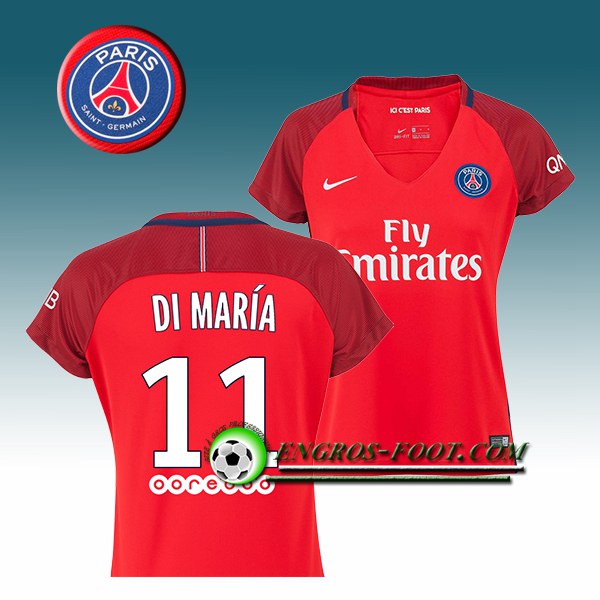 Engros-foot: Jeu Maillot de Foot PSG Femme DI MARIA 11 Exterieur 2016 2017 Rouge Thailande