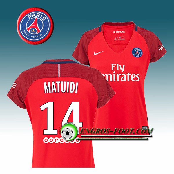 Engros-foot: Jeu Maillot de Foot PSG Femme MATUIDI 14 Exterieur 2016 2017 Rouge Thailande