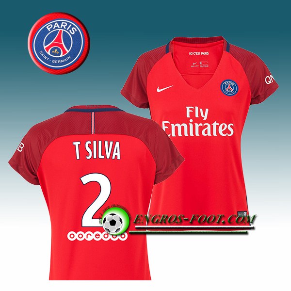 Engros-foot: Jeu Maillot de Foot PSG Femme T SILVA 2 Exterieur 2016 2017 Rouge Thailande