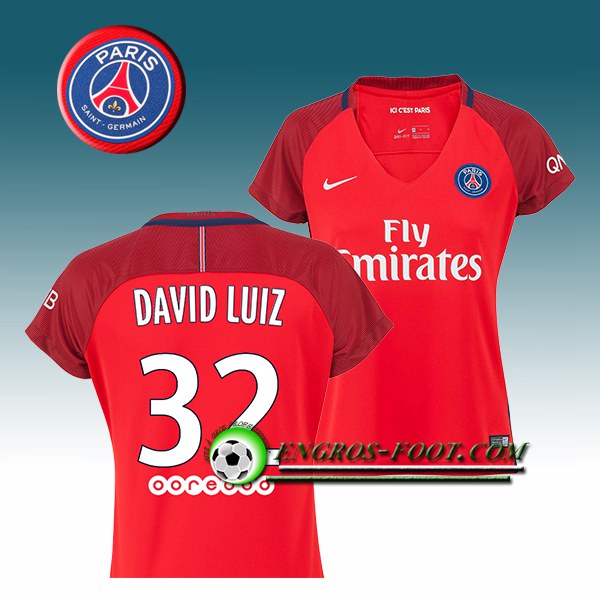 Engros-foot: Jeu Maillot de Foot PSG Femme DAVID LUIZ 32 Exterieur 2016 2017 Rouge Thailande