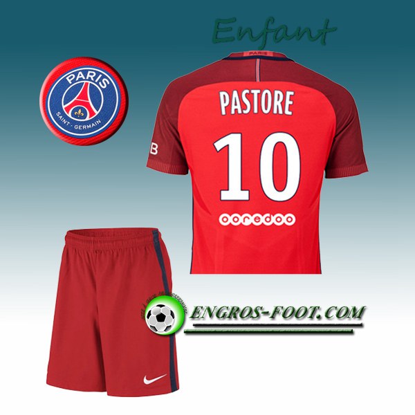 Engros-foot: Ensemble Maillot Foot PSG Enfant PASTORE 10 Exterieur 2016 2017 Rouge Thailande