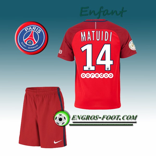 Engros-foot: Ensemble Maillot Foot PSG Enfant MATUIDI 14 Exterieur 2016 2017 Rouge Thailande