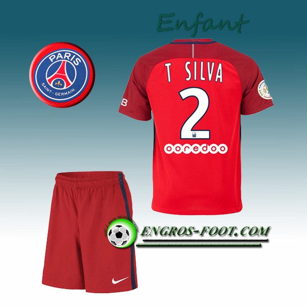 Engros-foot: Ensemble Maillot Foot PSG Enfant T SILVA 2 Exterieur 2016 2017 Rouge Thailande