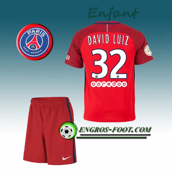 Engros-foot: Ensemble Maillot Foot PSG Enfant DAVID LUIZ 32 Exterieur 2016 2017 Rouge Thailande