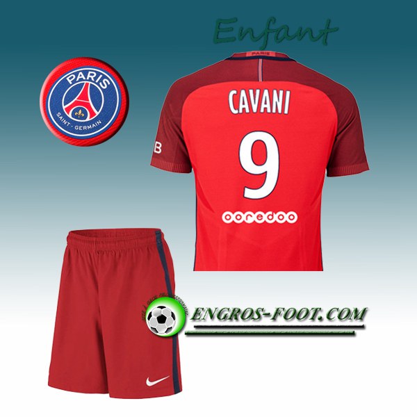 Engros-foot: Ensemble Maillot Foot PSG Enfant CAVANI 9 Exterieur 2016 2017 Rouge Thailande