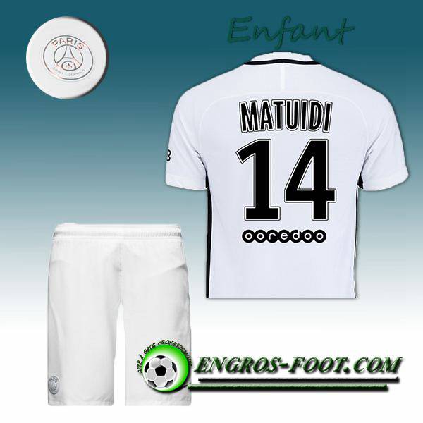 Engros-foot: Ensemble Maillot Foot PSG Enfant MATUIDI 14 Third 2016 2017 Blanc Thailande