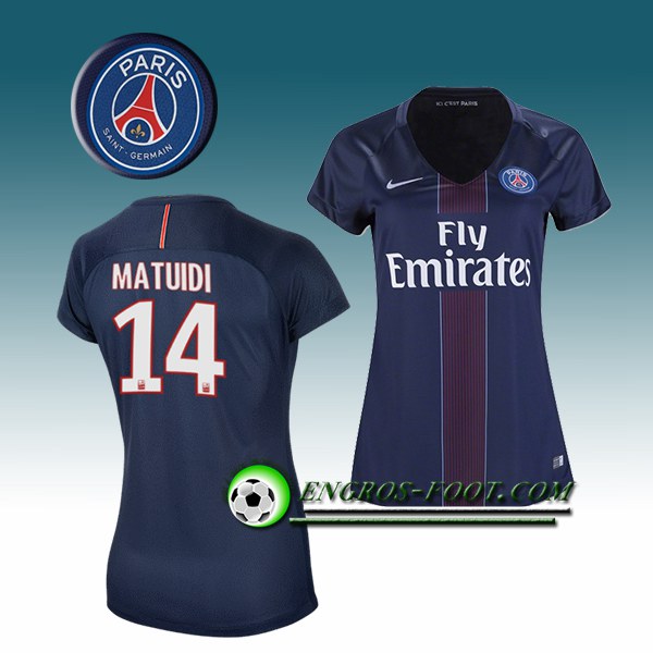 Engros-foot: Jeu Maillot de Foot PSG Femme MATUIDI 14 Domicile 2016 2017 Bleu Thailande