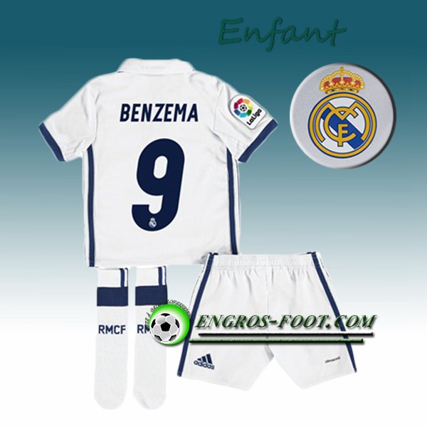 Engros-foot: Ensemble Maillot Foot Real Madrid Enfant BENZEMA 9 Domicile 2016 2017 Blanc Thailande