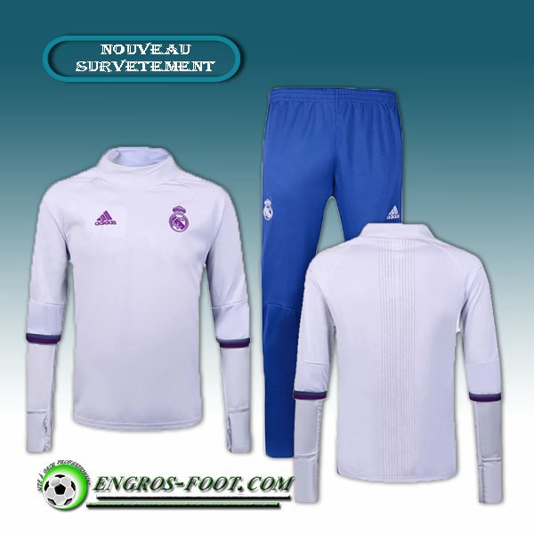 Engros-foot: Survetement Foot Real Madrid Collar Blanc + Pantalon Bleu 2016 2017 Ensemble Thailande