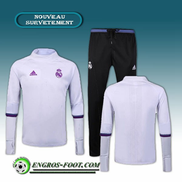 Engros-foot: Survetement Foot Real Madrid Collar Blanc + Pantalon Noir 2016 2017 Ensemble Thailande