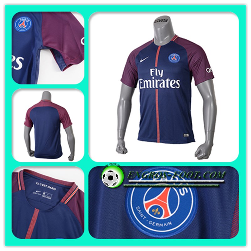 dernier 2017 2018 Paris PSG Maillot de Foot Domicile Bleu/Rouge Enfant Manche Courte