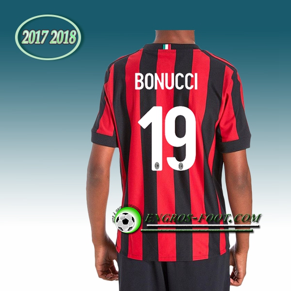 Engros-foot: Ensemble Maillot Foot Milan AC Enfant BONUCCI 19 Domicile 2017 2018 Rouge/Noir Thailande