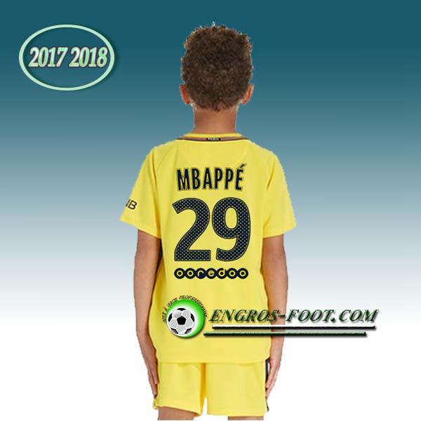 Engros-foot: Ensemble Maillot Foot PSG Enfant MBAPPé 29 Exterieur 2017 2018 Jaune Thailande