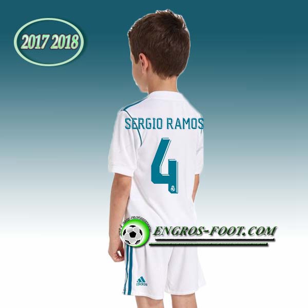 Engros-foot: Ensemble Maillot Foot Real Madrid Enfant SERGIO RAMOS 4 Domicile 2017 2018 Blanc/Bleu Thailande