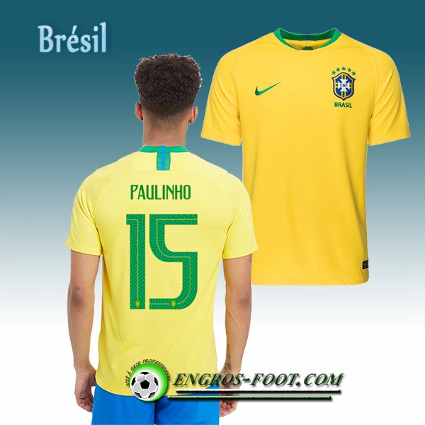 Engros-foot: Jeu Maillot Equipe de Brésil PAULINHO 15 Domicile 2018/2019 Jaune Thailande