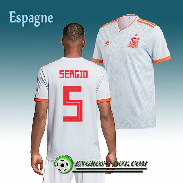 Engros-foot: Jeu Maillot Equipe de Espagne Sergio 5 Exterieur 2018/2019 Blanc Thailande