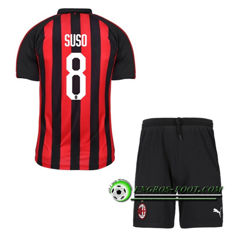 Engros-foot: Ensemble Maillot Foot Milan AC Enfants SUSO 8 Domicile 2018 2019 Rouge/Noir Thailande