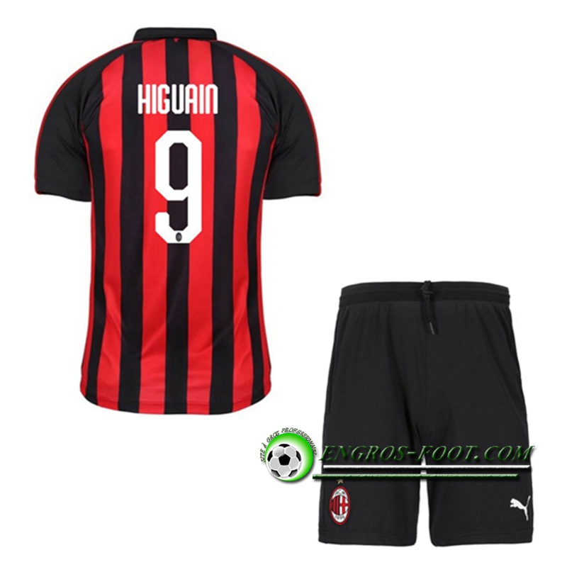 Engros-foot: Ensemble Maillot Foot Milan AC Enfants HIGUAIN 9 Domicile 2018 2019 Rouge/Noir Thailande