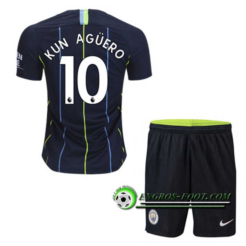 Engros-foot: Ensemble Maillot Foot Manchester City Enfants 10 KUN AGUERO Exterieur 2018 2019 Noir Thailande