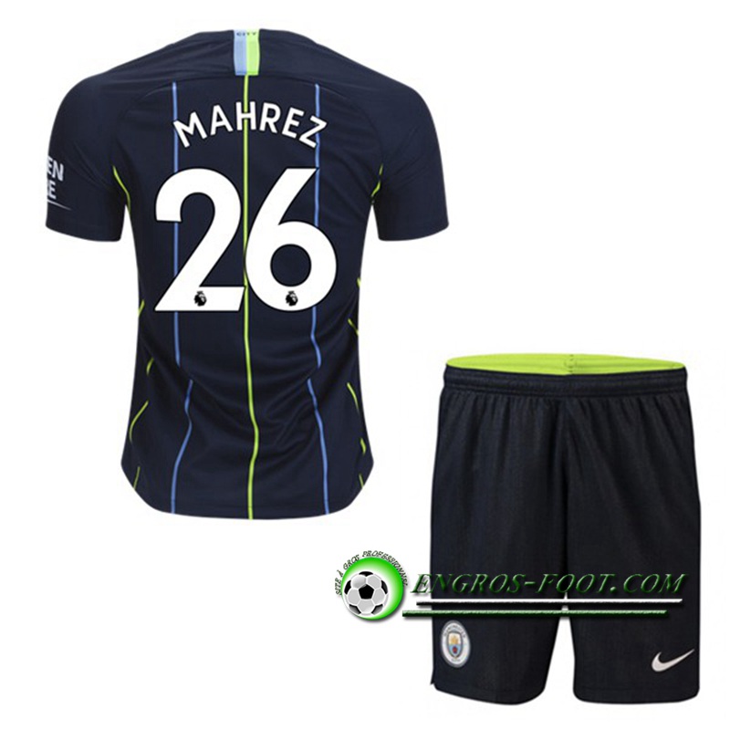 Engros-foot: Ensemble Maillot Foot Manchester City Enfants 26 MAHREZ Exterieur 2018 2019 Noir Thailande