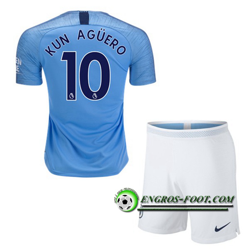 Engros-foot: Ensemble Maillot Foot Manchester City Enfants 10 KUN AGUERO Domicile 2018 2019 Bleu Ciel Thailande