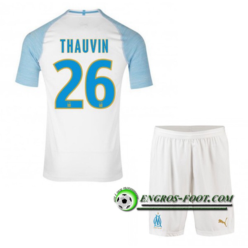 Engros-foot: Ensemble Maillot Foot Marseille OM Enfants THAUVIN 26 Domicile 2018 2019 Blanc/Bleu Ciel Thailande