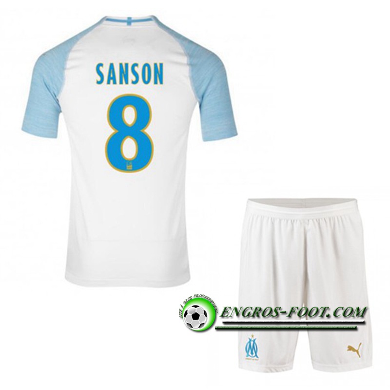 Engros-foot: Ensemble Maillot Foot Marseille OM Enfants SANSON 8 Domicile 2018 2019 Blanc/Bleu Ciel Thailande