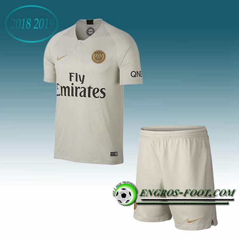 Engros-foot: Ensemble Maillot Foot PSG Enfants Exterieur 2018 2019 Beige Thailande