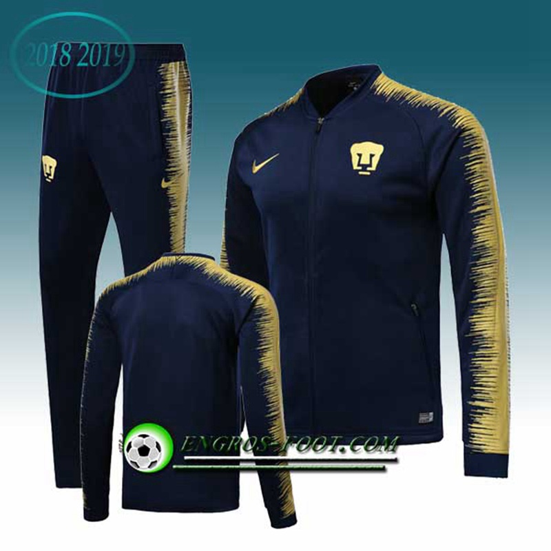 Engros-foot: Ensemble Survetement Foot - Veste Pumas UNAM Bleu Fonce/Jaune 2018-2019 Thailande