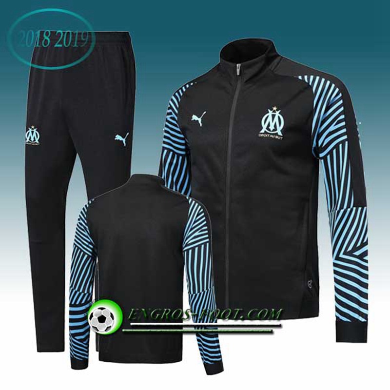 Engros-foot: Ensemble Survetement Foot - Veste Marseille Noir/Bleu 2018-2019 Thailande