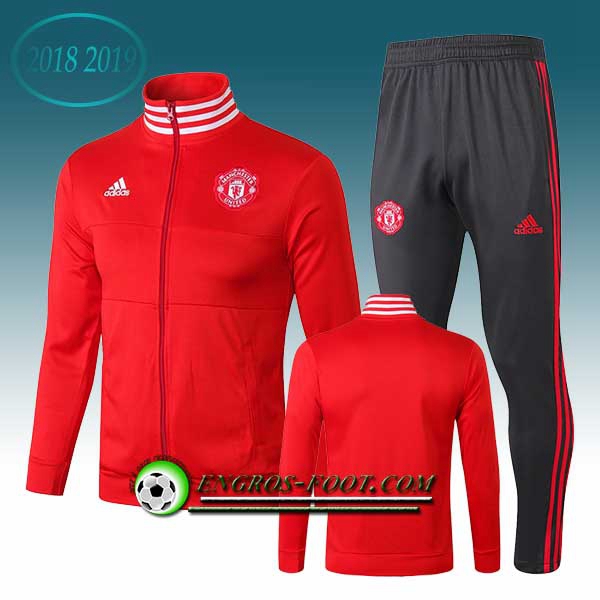 Engros-foot: Ensemble Survetement Foot - Veste Manchester United Rouge Col haut 2018-2019 Thailande