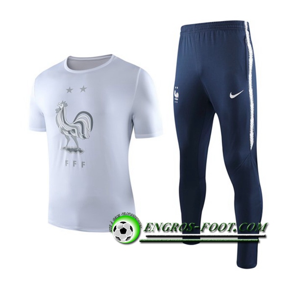 Engros-foot: Ensemble Training T-Shirts France + Pantalon Blanc 2019 2020 Thailande