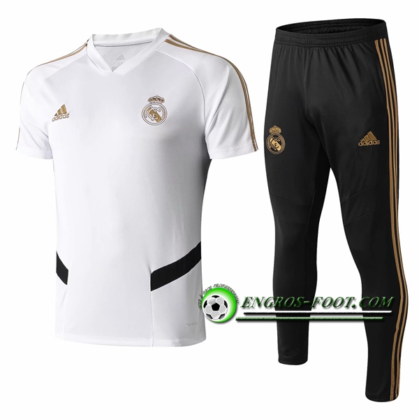 Engros-foot: Ensemble Training T-Shirts Real Madrid + Pantalon Blanc/Noir 2019 2020 Thailande