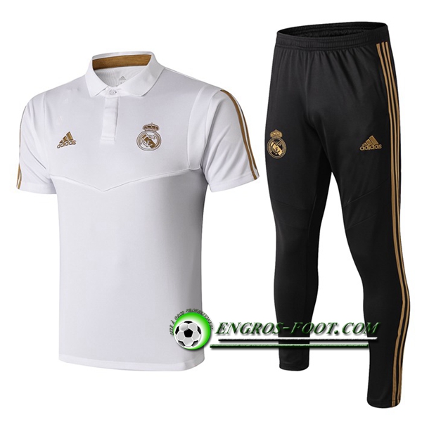 Engros-foot: Ensemble Polo Real Madrid + Pantalon Blanc/Jaune 2019 2020 Thailande