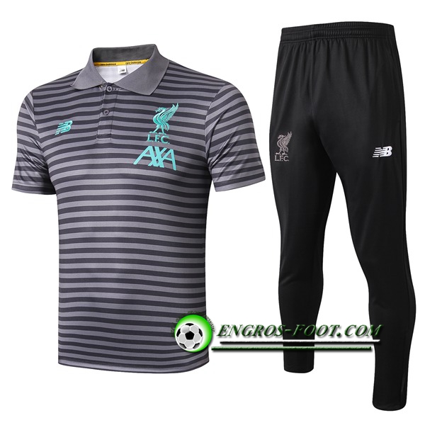 Engros-foot: Ensemble Polo FC Liverpool + Pantalon Gris Fonce Stripe 2019 2020 Thailande