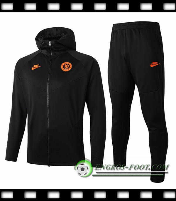 Ensemble Veste A Capuche Survetement Foot FC Chelsea Gris Fonce 2019/2020