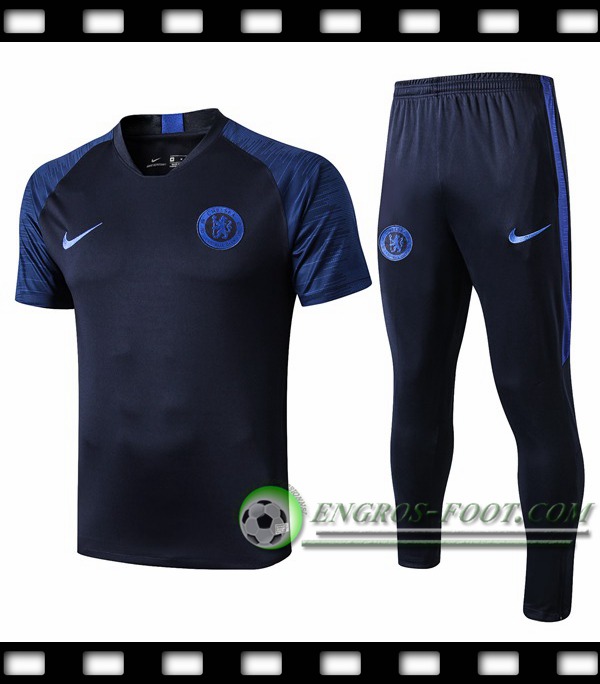 Ensemble Training T-Shirts FC Chelsea + Pantalon Bleu Fonce 2019/2020