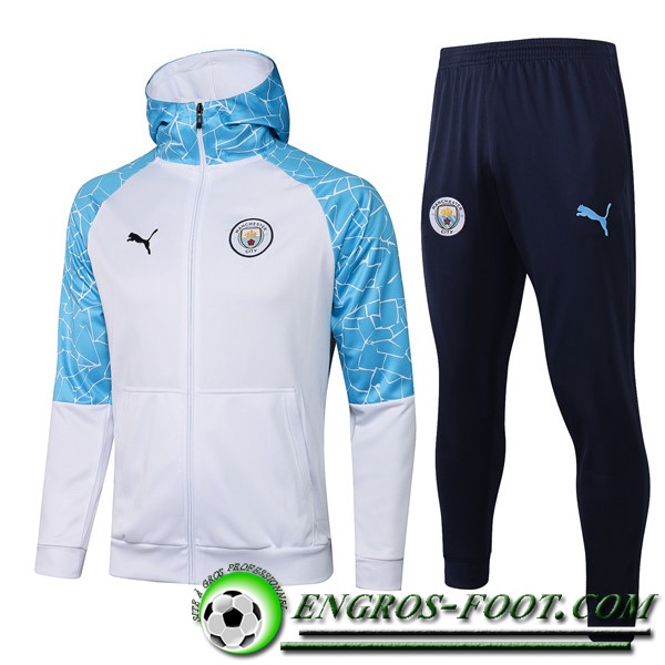 Ensemble Veste A Capuche Survetement - Veste Manchester City Blanc/Bleu 2020/2021