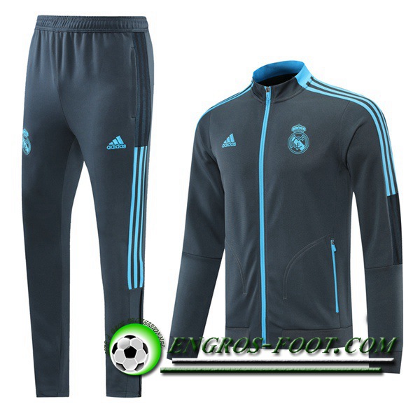 Ensemble Veste Survetement de Foot Real Madrid Gris/Bleu 2021/2022 -1