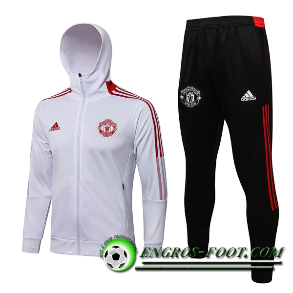 Ensemble Veste A Capuche Survetement - Veste Manchester United Rouge/Blanc 2021/2022