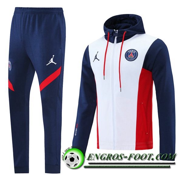 Ensemble Veste A Capuche Survetement - Veste Jordon PSG Blanc/Noir/Rouge 2021/2022