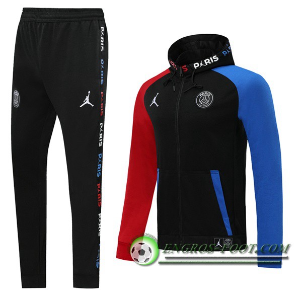 Ensemble Veste A Capuche Survetement Foot Jordan Paris PSG Noir Bleu Rouge 2019/2020