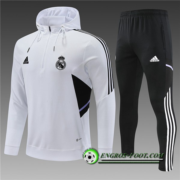 Ensemble Veste A Capuche Survetement de Foot Real Madrid Enfant Blanc 2022/2023