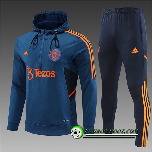 Ensemble Veste A Capuche Survetement de Foot Real Manchester United Enfant Bleu 2022/2023